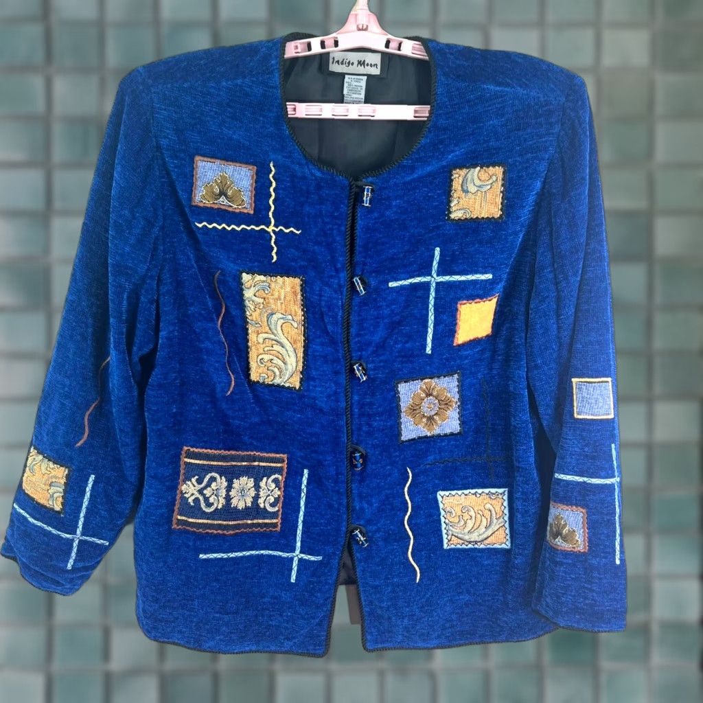 VINTAGE Indigo Moon Alex Kim Art Blazer 1X Blue Geometric Beaded Embroidered Kimono Collarless Oversized Lined Mid-Length Art Womens