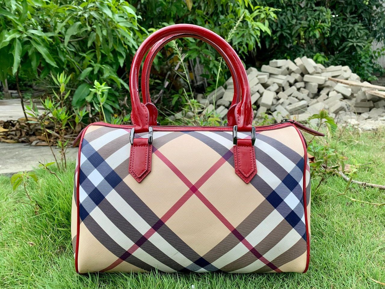image of Authentic Burberry Nova Check Chester Boston Bag in Red, Women's