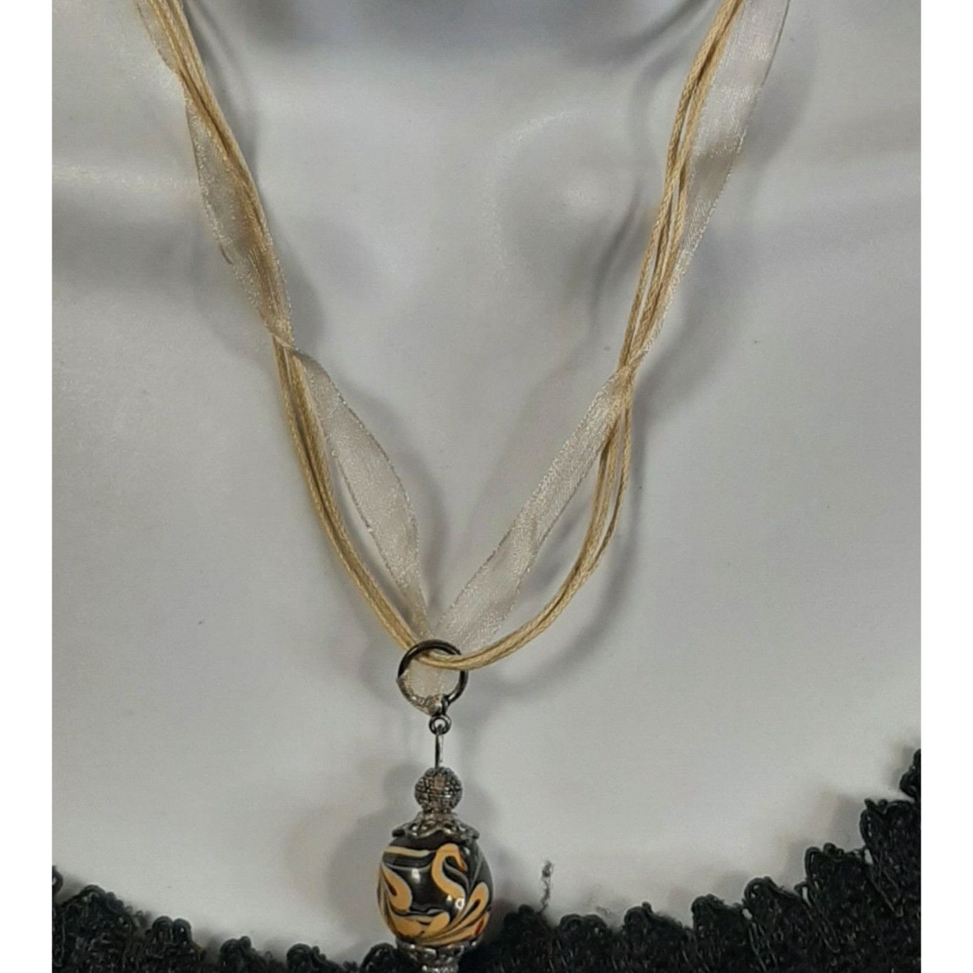 Handmade Hand-Painted Glass Pendant Necklace With Sheer Ribbon And Co Size ONE SIZE - 1 Thumbnail