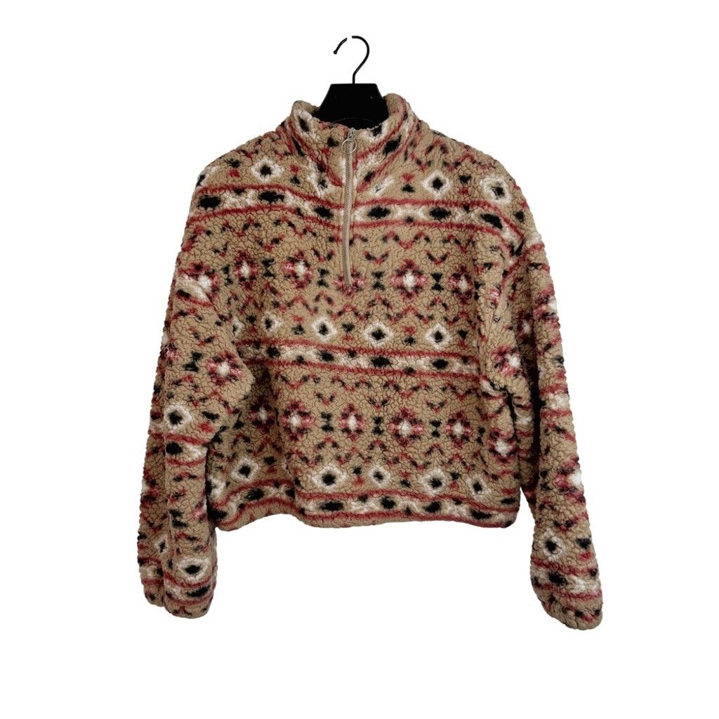 Other LOVE TREE Women's Tan Short Sherpa Aztec Pullover 1/4 Zip M Size M / US 6-8 / IT 42-44 - 4 Thumbnail