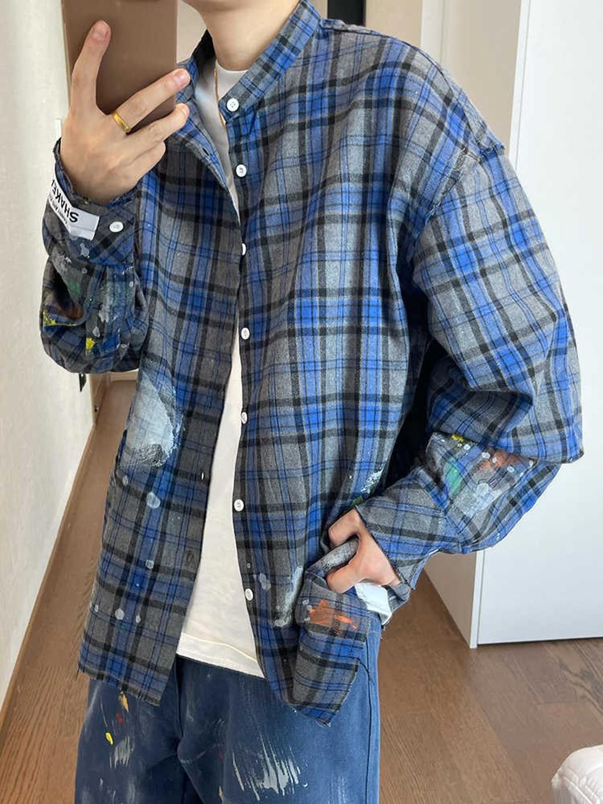 Flannel × Vintage Blue Plaid Oversized Paint Splash Button-Up Shirt Size US M / EU 48-50 / 2 - 5 Thumbnail