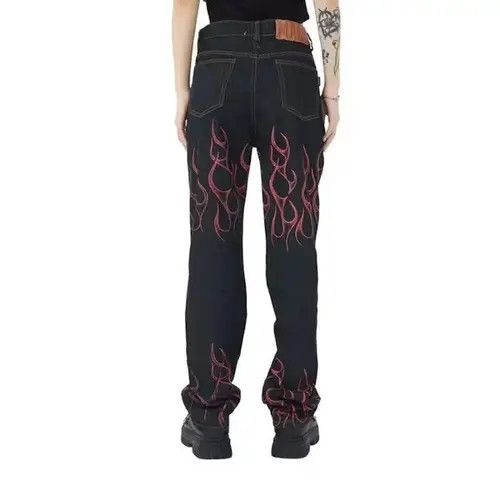 Jean Black Fire Flame Graphic Denim Jeans Size US 32 / EU 48 - 2 Thumbnail