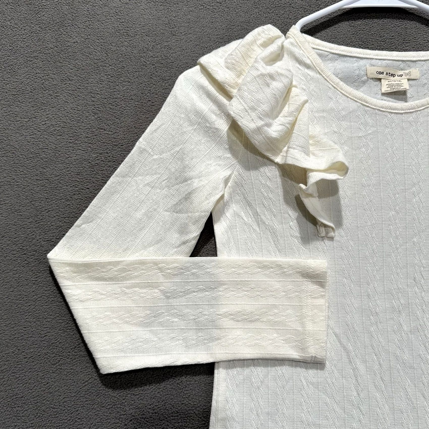 Vintage One Step Up Top Shirt Womens M Off-White Ivory Ruffle Sleeve Stretch Patterned NWT Size M / US 6-8 / IT 42-44 - 4 Thumbnail