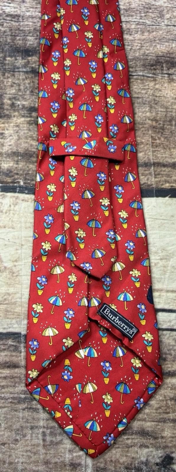 Burberry VTG Burberrys Silk Neck Tie Mens Umbrella Flower Red USA Size ONE SIZE - 2 Thumbnail
