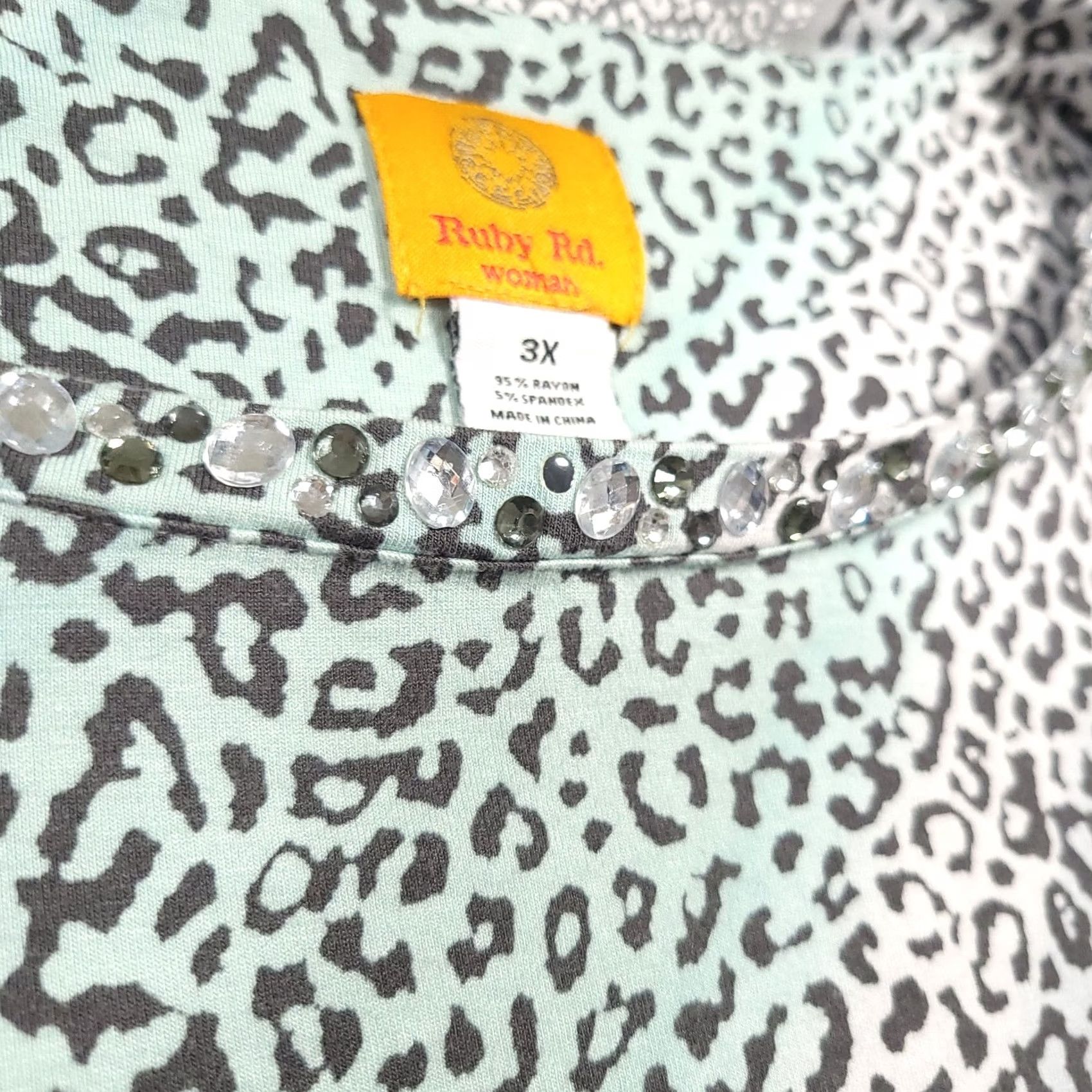 Vintage Ruby Rd Shirt Women's 3X Animal Print 3/4 Sleeve Stretch Rhinstones Size XXL / US 16-18 / IT 52-54 - 4 Thumbnail