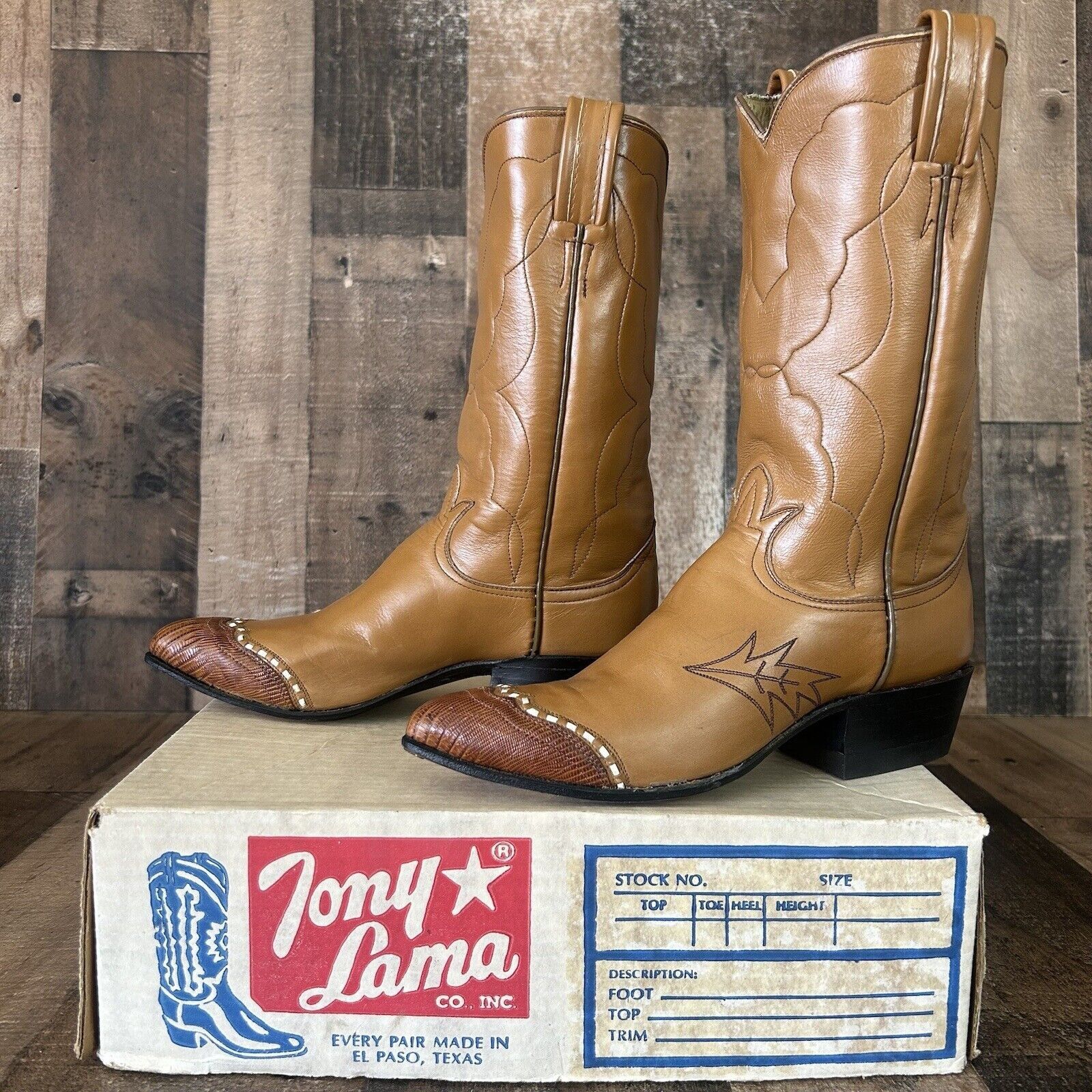 image of Tony Lama Vintage Gold Label Lizard Wingtip Cowboy Boot 5.5A in Brown, Women's