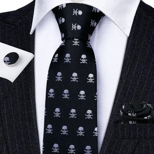 Japanese Brand White Skull Pattern Black Neck Tie Set Mens Size ONE SIZE - 1 Thumbnail