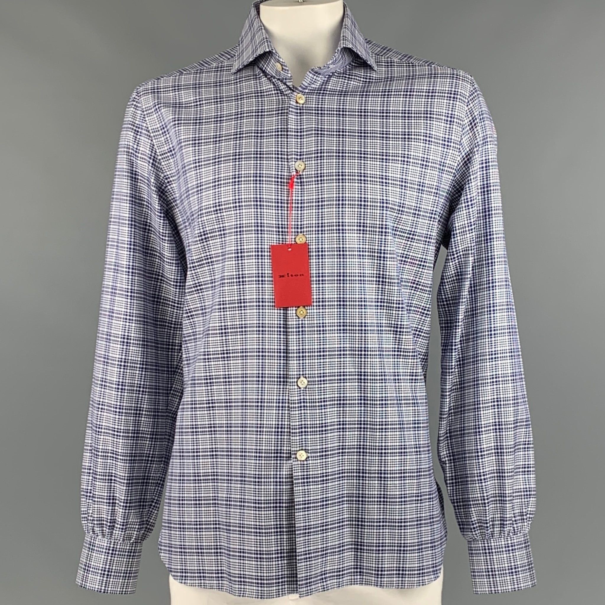 image of Kiton Navy White Glenplaid Cotton Long Sleeve Shirt, Men's (Size XL)