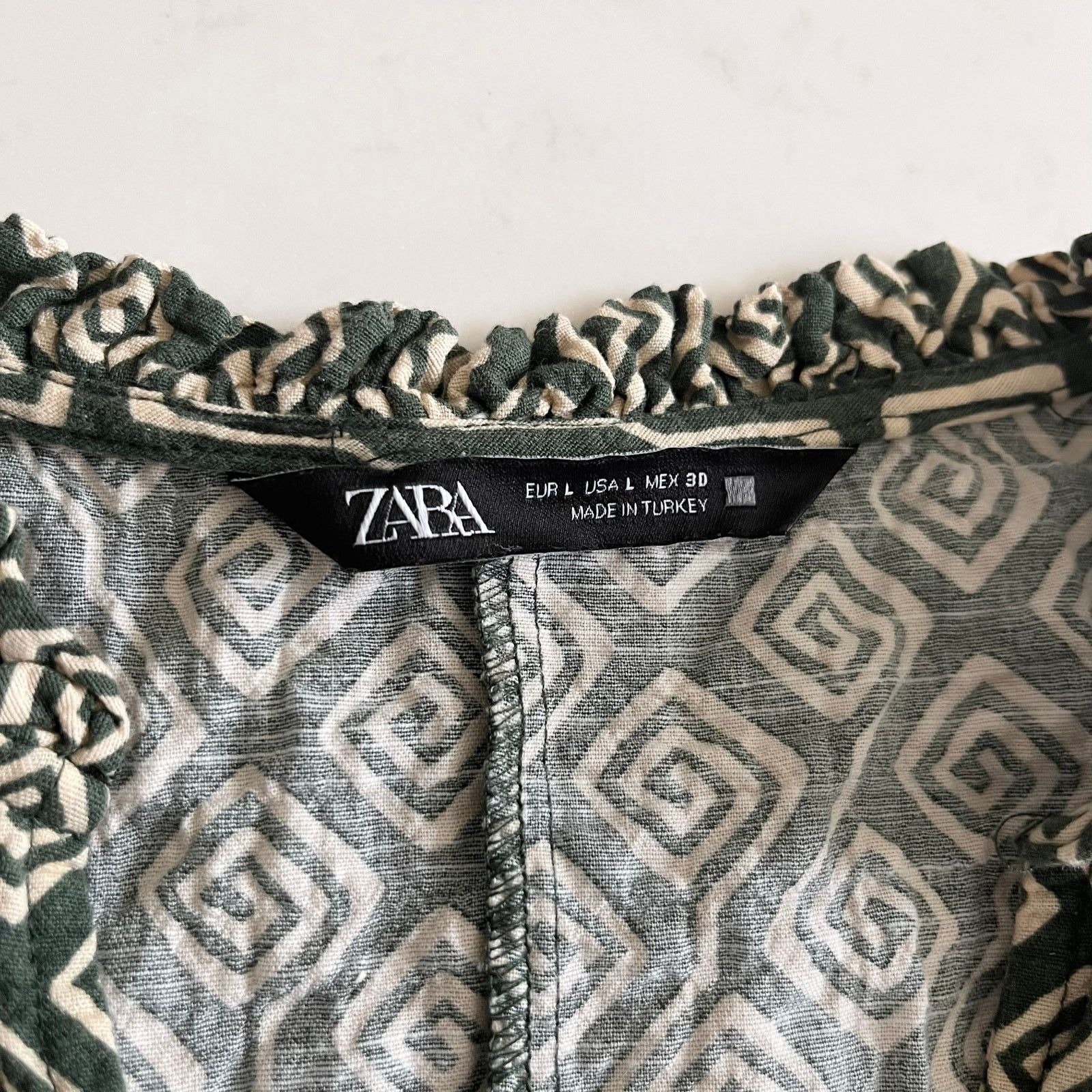 Zara Zara Green Cream Geometric Print Tie Waist Midi Dress Size L / US 10 / IT 46 - 5 Thumbnail
