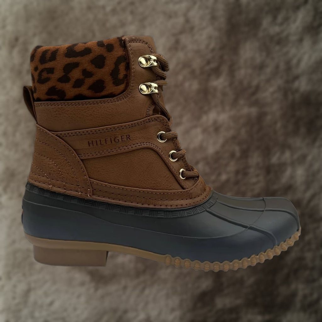 Tommy Hilfiger Tommy Hilfiger Women's Boots Duck Boot Mid-Calf Warm Lined Brown Leopard Print Faux-Shearling Trim 7-7.5 M Solid Leather Upper Rubber Sole Size US 7 / IT 37 - 1 Thumbnail
