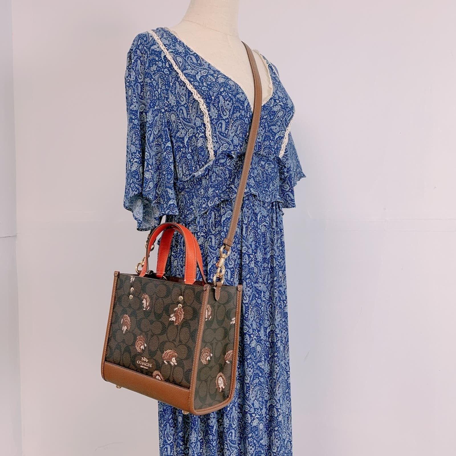 image of Coach Dempsey Tote 22 In Signature Canvas With Hedgehog Print in Brown, Women's