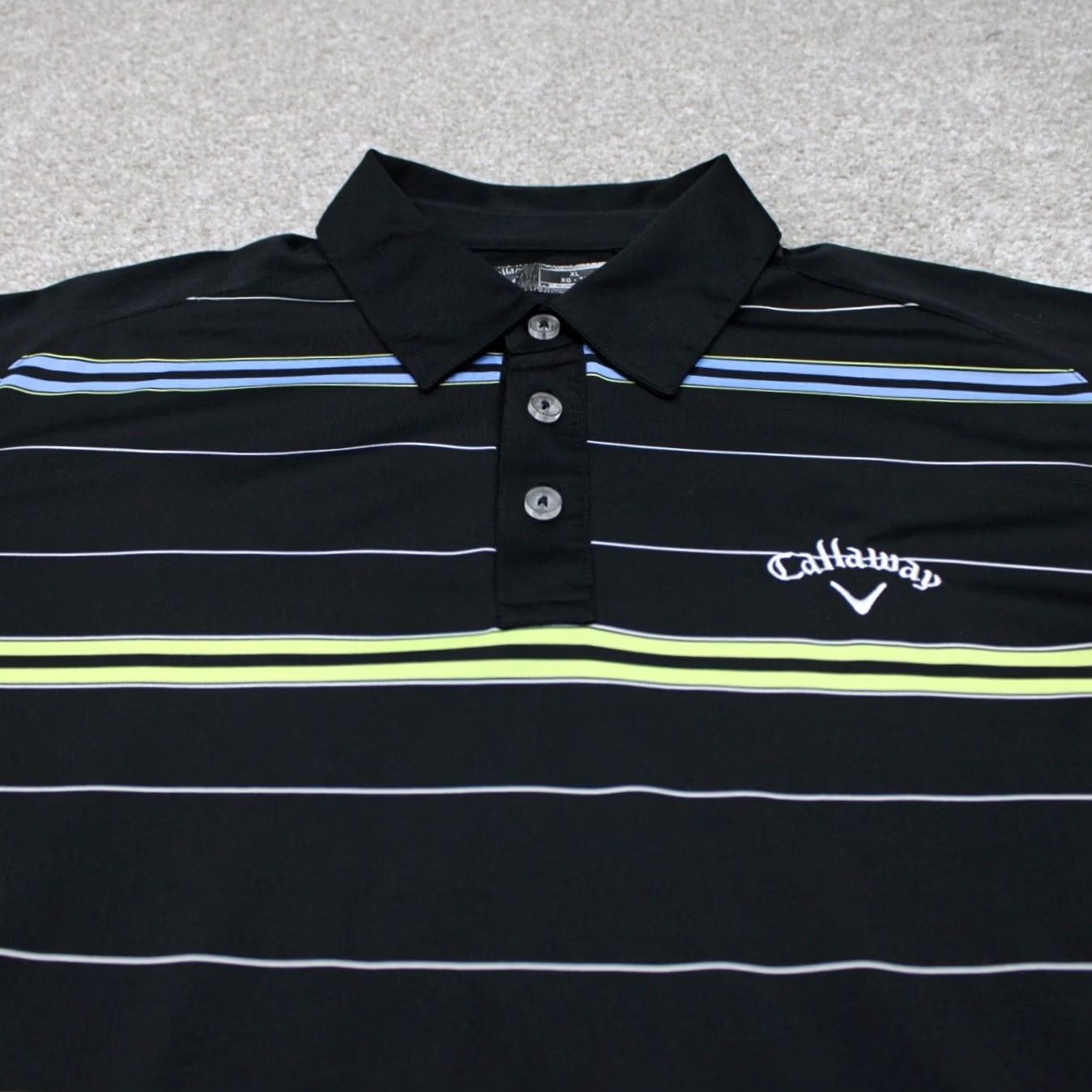 Callaway Callaway Polo Shirt Mens XL Black w/ Yellow/Blue Stripes Short Sleeve Polo Golf Logo Striped Breathable 100% Polyester Regular Fit Size US XL / EU 56 / 4 - 4 Thumbnail
