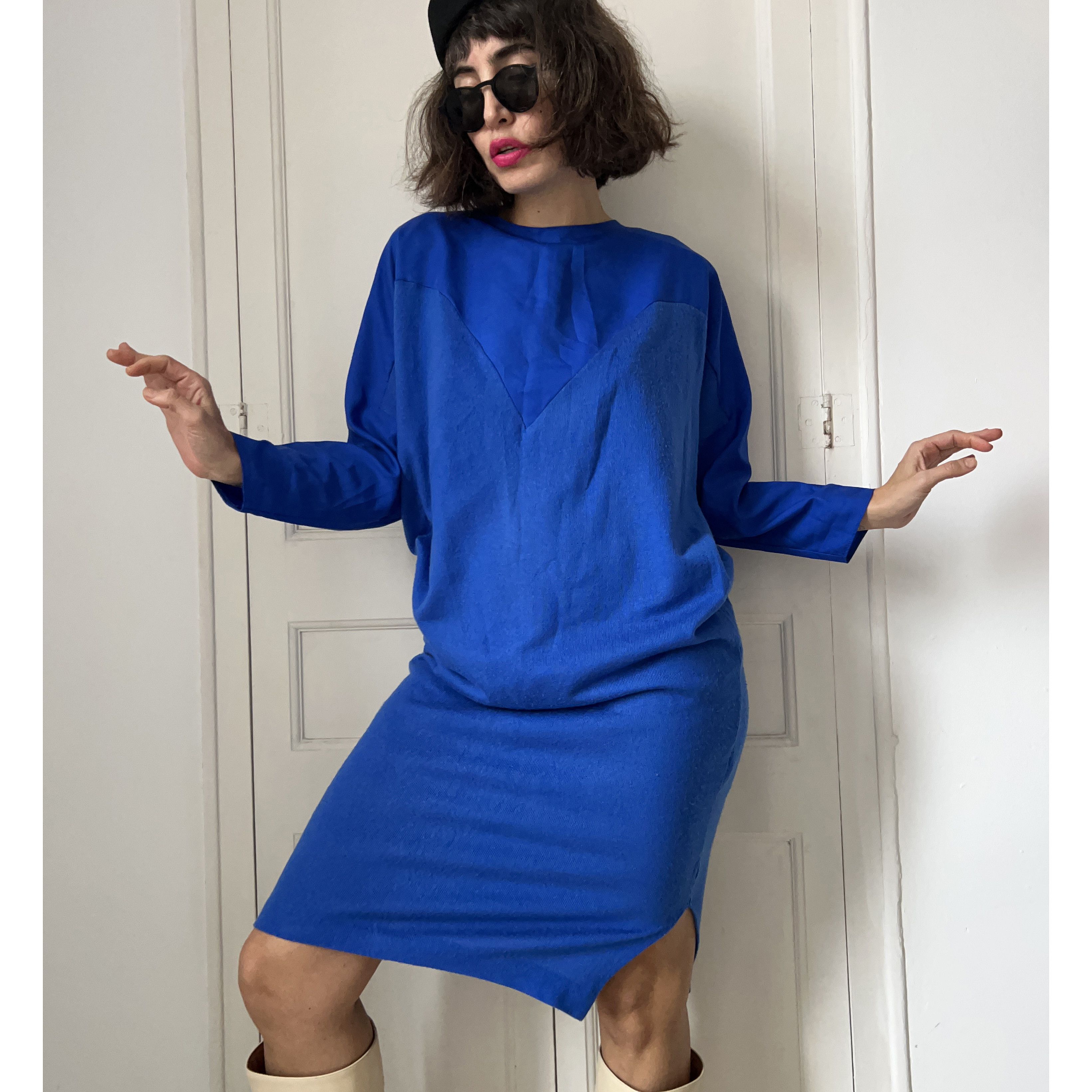 Vintage Vintage 80s Cobalt Blue Dolman Sleeve Midi Tunic Dress Size S / US 4 / IT 40 - 4 Thumbnail