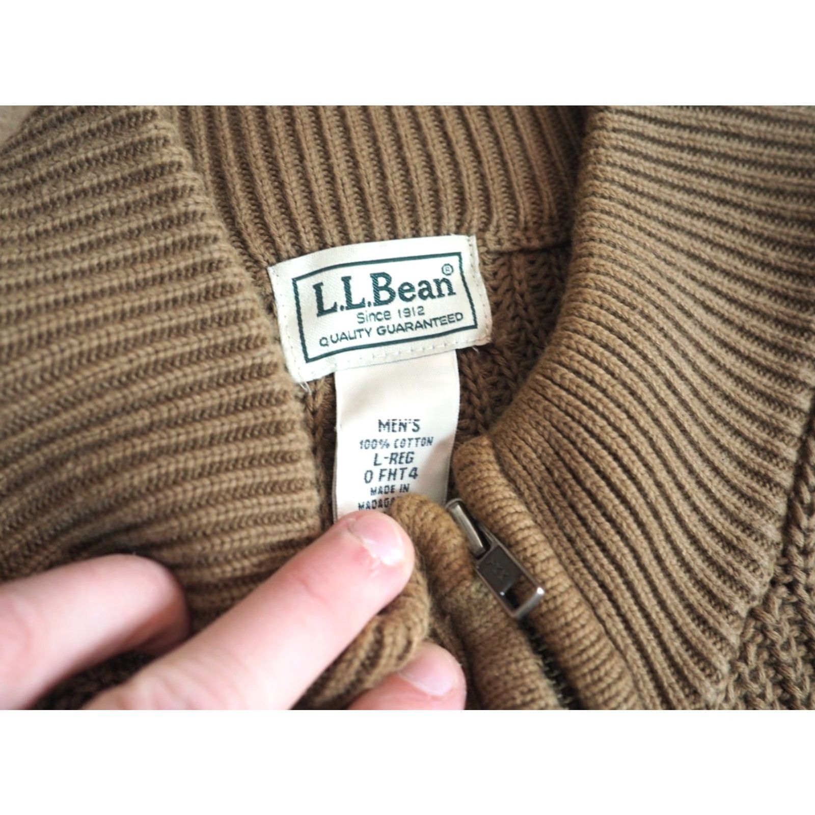 Vintage VINTAGE L.L. Bean Sweater Full Zip Army Brown Full Zip Mens L Brown Cotton Ribbed Knit Crew Neck Army Size US L / EU 52-54 / 3 - 5 Thumbnail