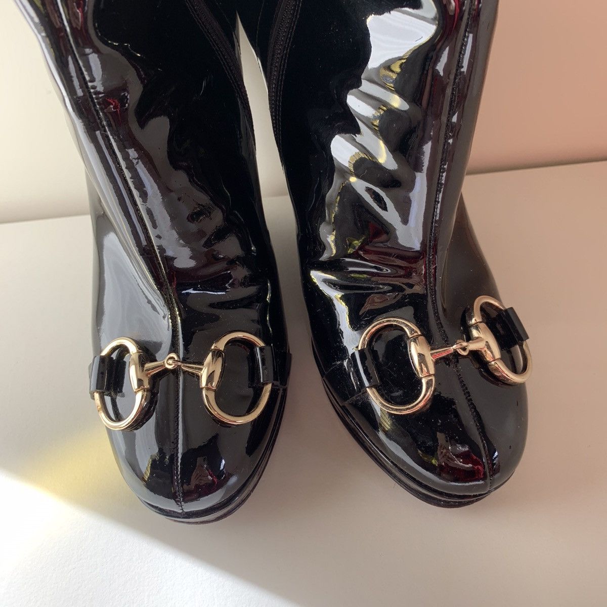Gucci Patent leather horsebit wedge tall boots Size US 5.5 / IT 35.5 - 5 Thumbnail