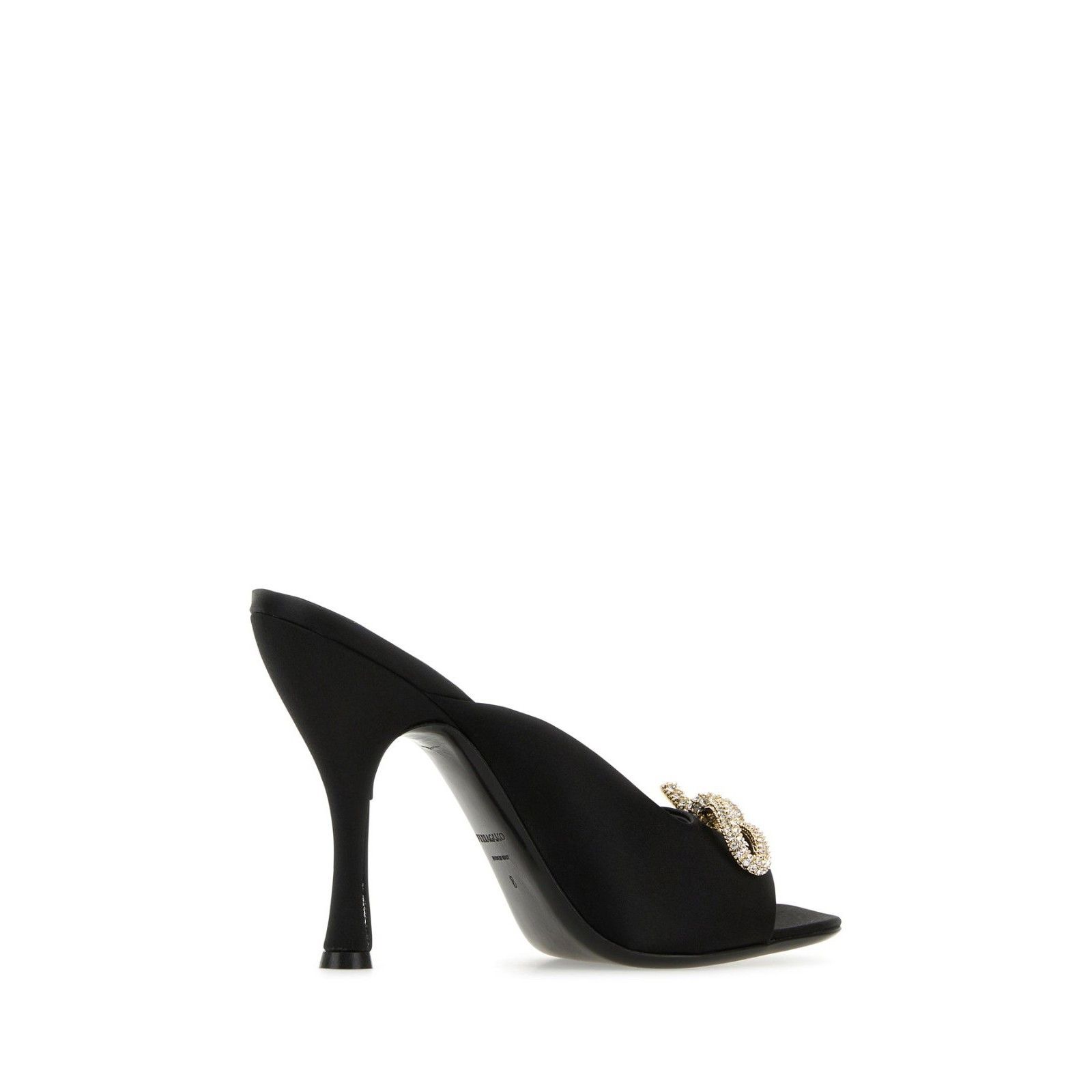 FERRAGAMO Crystal Jewel Bow Black Satin 105mm Heel Mules New