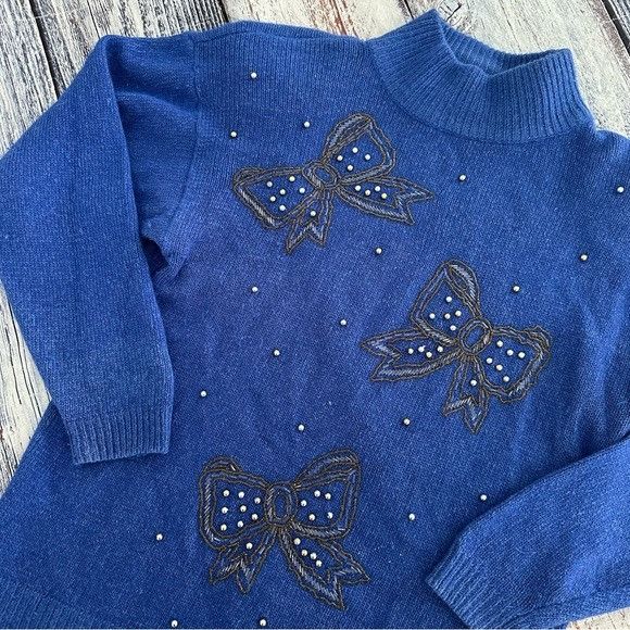 Vintage Vintage Dana Scott Silk Knit Beaded Bow Mock Neck Blue Sweat Size M / US 6-8 / IT 42-44 - 2 Thumbnail