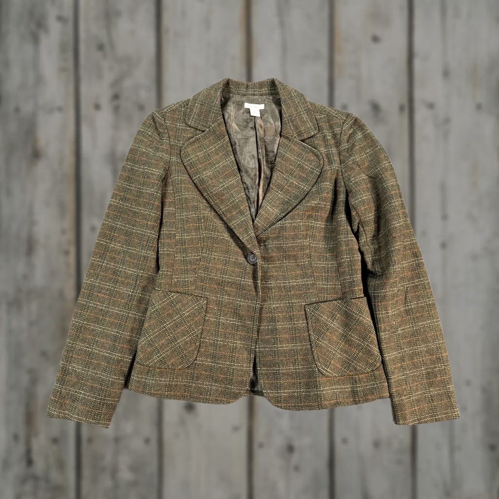 Vintage Halogen Blazer Womens Small Brown Green Plaid Tweed Wool Look Jacket Lined Size S / US 4 / IT 40 - 1 Thumbnail