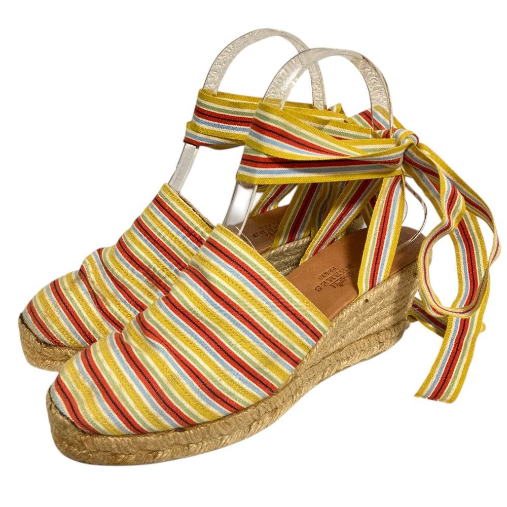 Hermes Hermes Hermes Stripe Ribbon Strap Jute Wedge Sandals Textile Shoes DUTY FREE for USA Size ONE SIZE - 1 Thumbnail