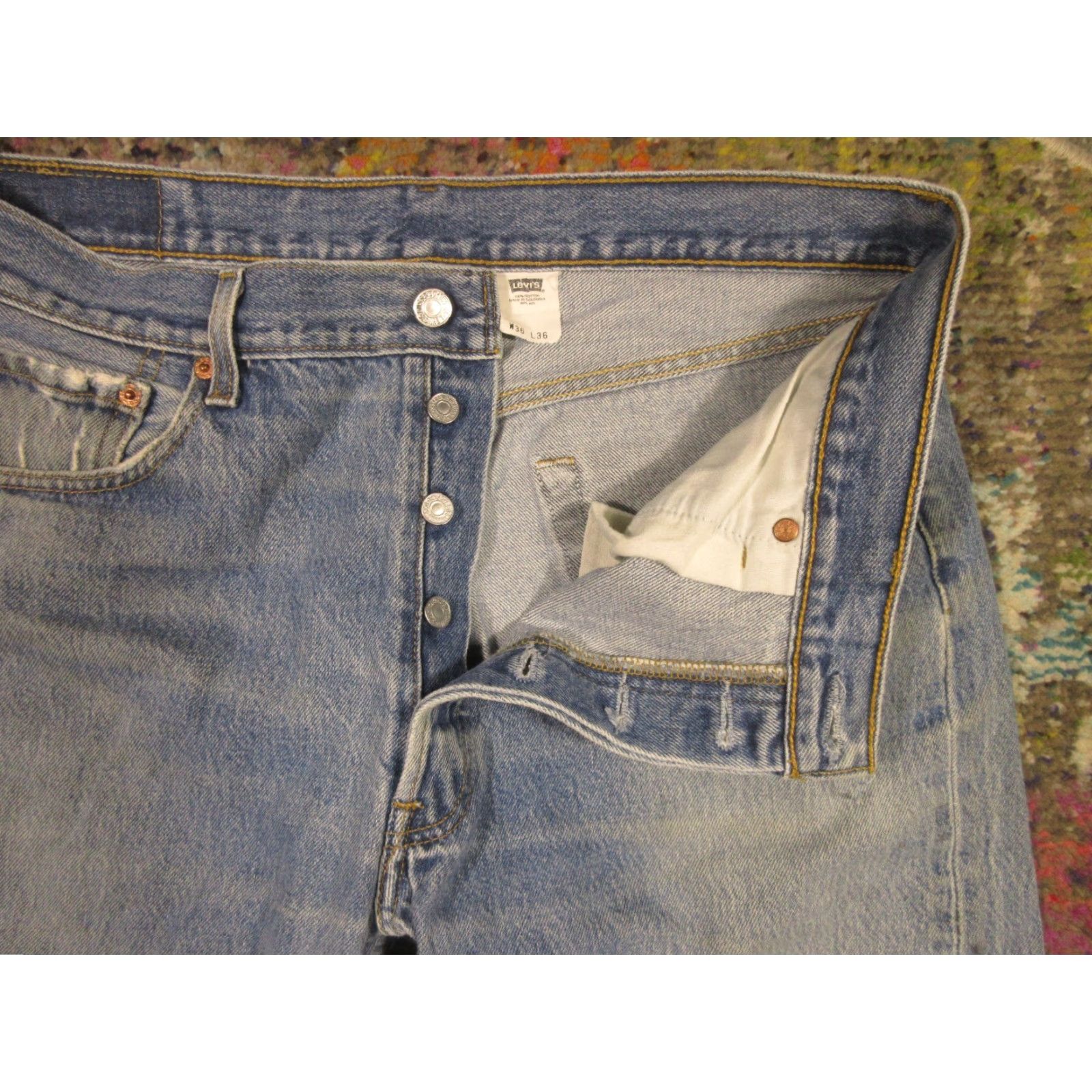 Levi's VINTAGE Levi's 501 Jeans Denim Pants Classic Button Fly Original Fit Men 35x34 Blue Mid Wash Distressed 501 Model USA American Size US 35 - 3 Thumbnail