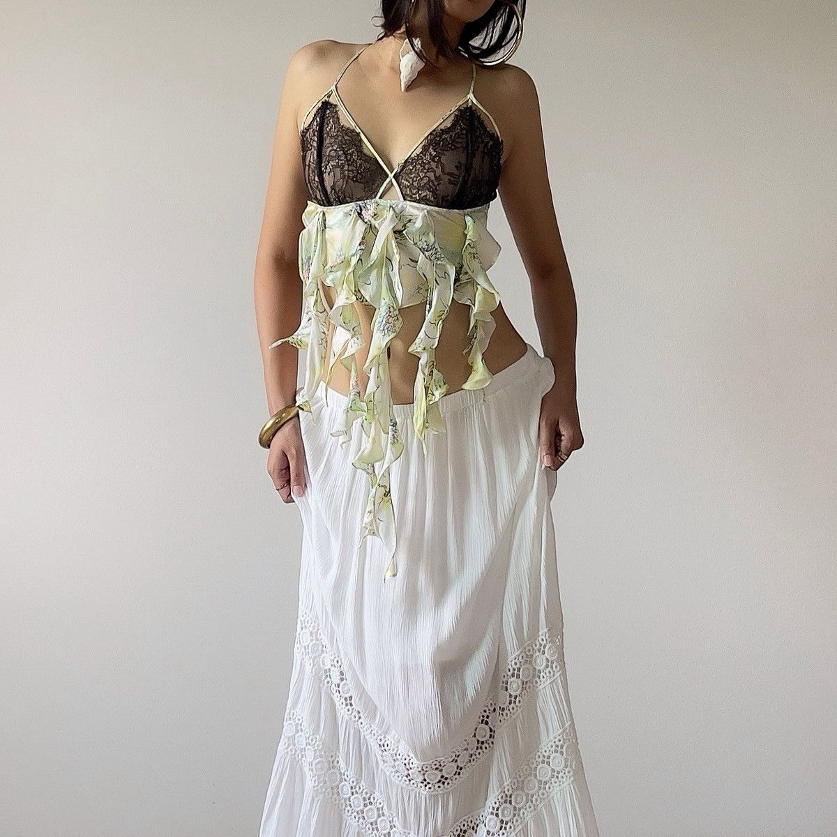 Handmade Romantic Green Floral Ruffled Silk & Lace Camisole (XS–S) Size S / US 4 / IT 40 - 3 Thumbnail