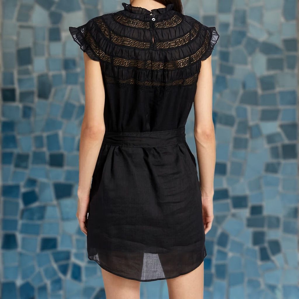 Frame FRAME Black Lace Inset High Mock Neck Ruffe Cap Sleeve 100% Ramie Mini Dress Womens M New with Tags NWT Size M / US 6-8 / IT 42-44 - 1 Thumbnail