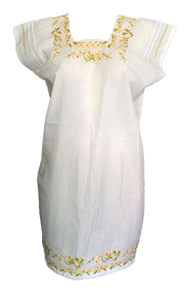 Designer Pre Owned Mexican White Yellow Embroidered Hand Made Dress L Size L / US 10 / IT 46 - 1 Thumbnail