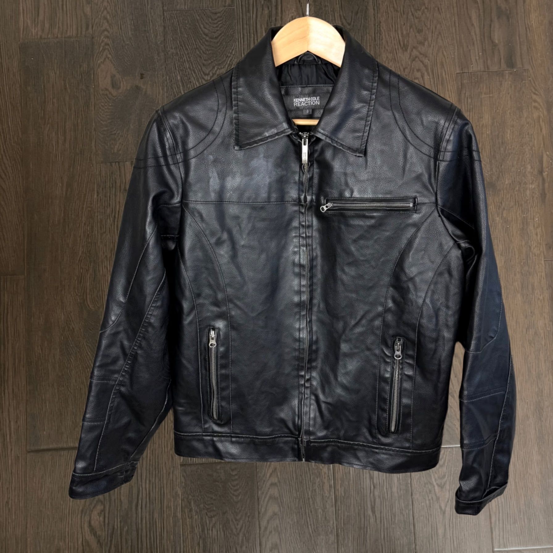Kenneth Cole Reaction Jacket Mens Small Black Faux Leather Full Zip Moto, Men's