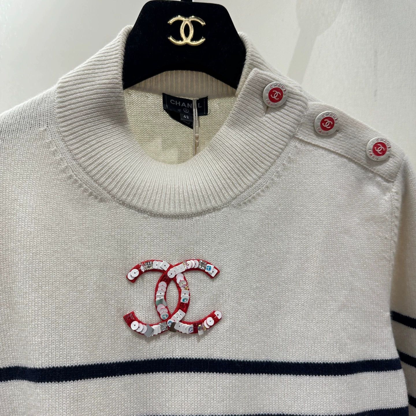Chanel Chanel 23C Striped Sequin Logo Cashmere Sweater 42 Size M / US 6-8 / IT 42-44 - 7 Thumbnail