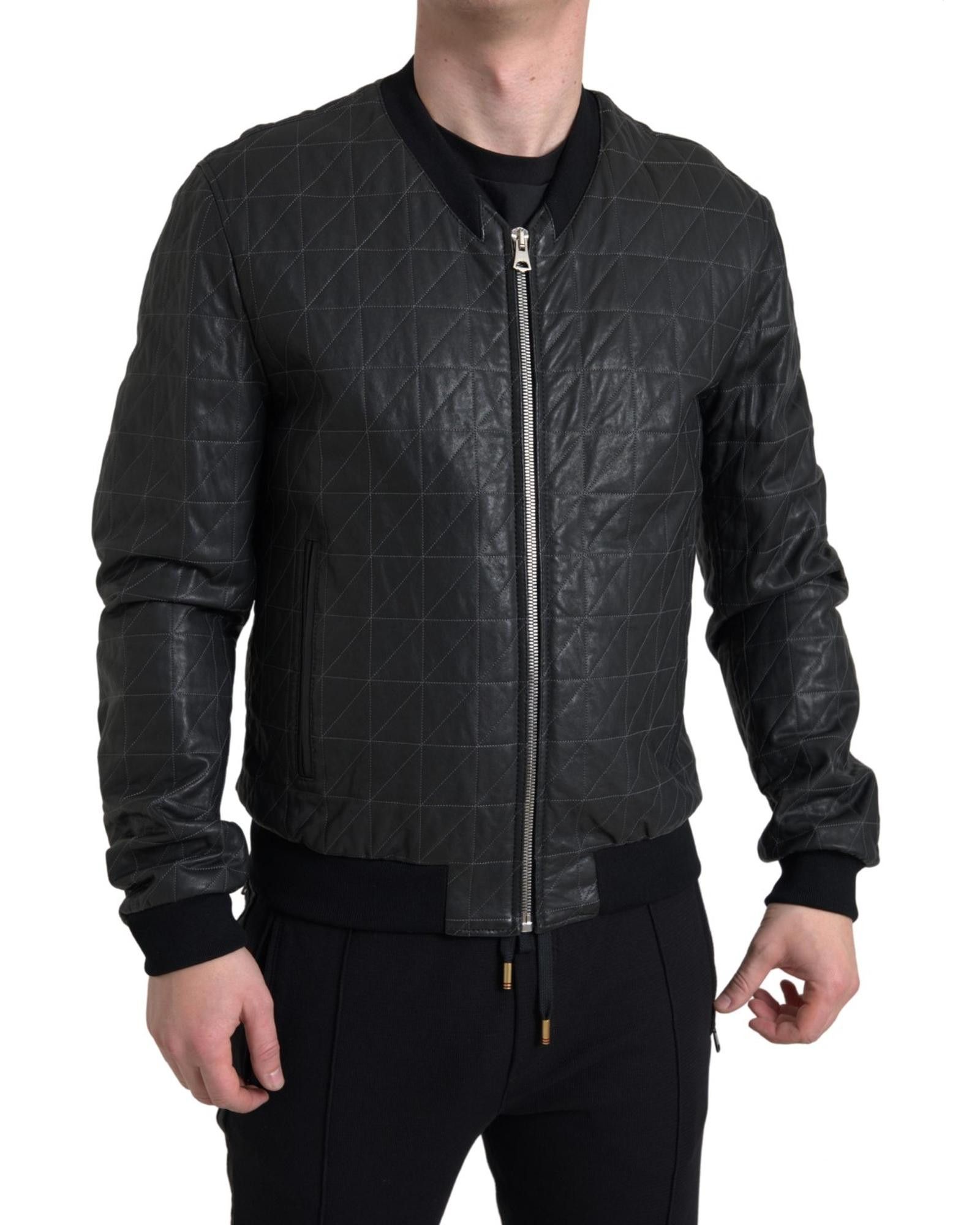 image of Dolce Gabbana Leather Full Zip Bomber Jacket in Black, Men's (Size XL)