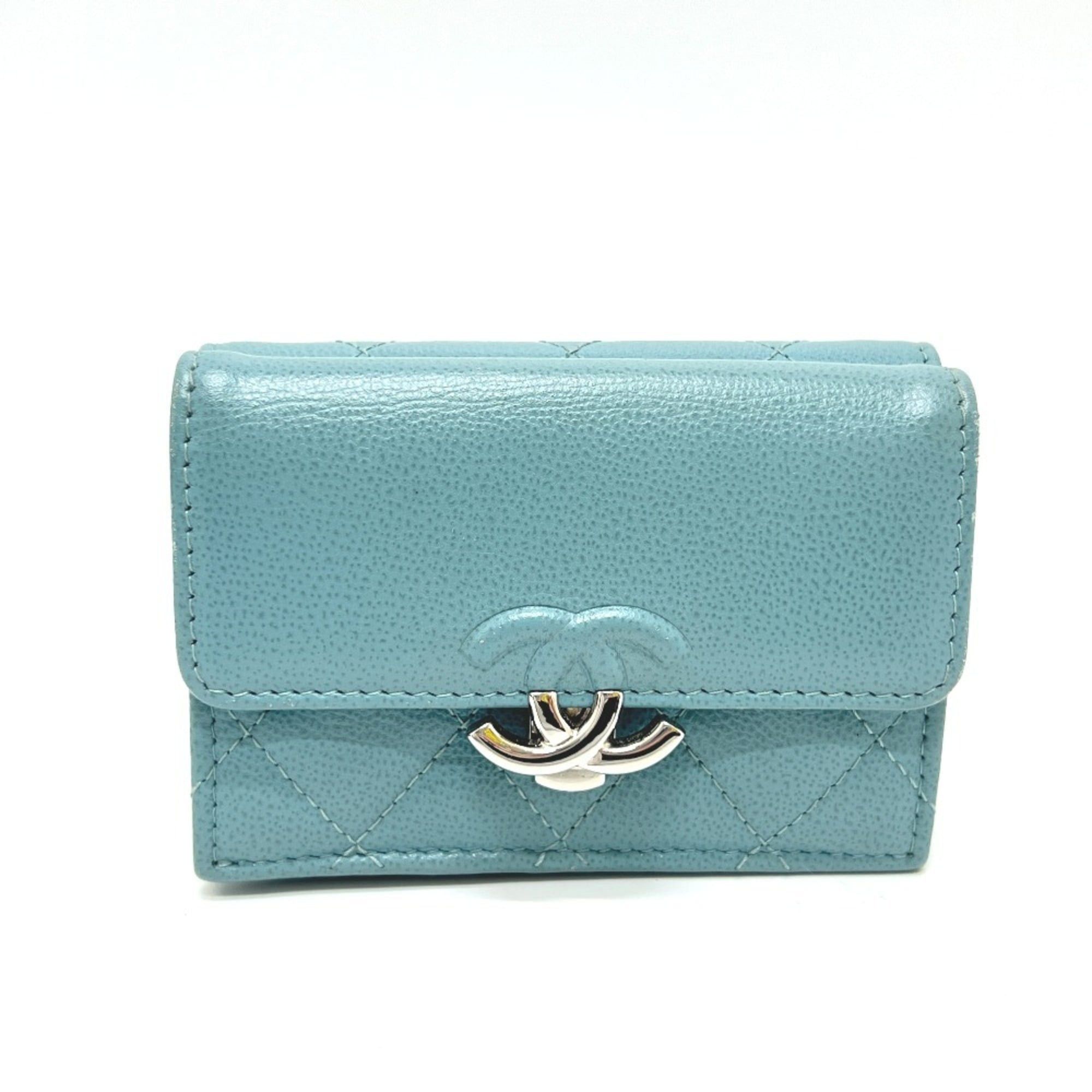 Chanel CHANEL Push Lock Half Coco Mark Compact Wallet, Tri-fold Leather Women's, Light Blue Size ONE SIZE - 1 Thumbnail