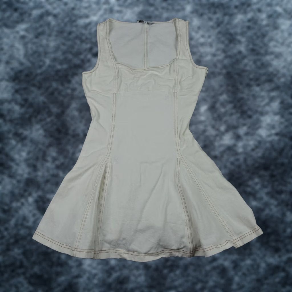 Vintage En Saison Dress Womens M White Cotton Denim Fit & Flare Square Neck Sleeveless Short Casual 100% Cotton Size M / US 6-8 / IT 42-44 - 1 Thumbnail