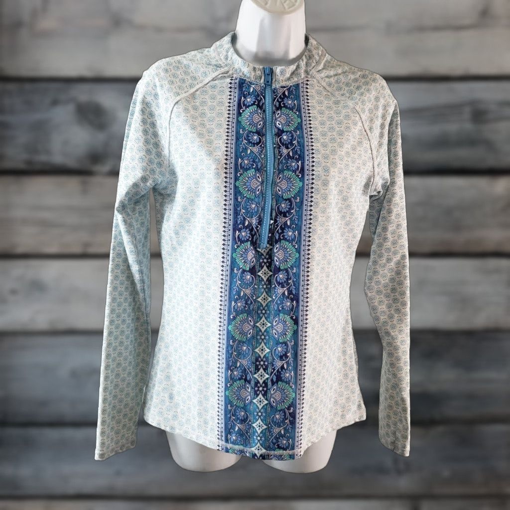 AQUA Aqua et Sol Womens Rashguard Top L Blue White Long Sleeve 1/2 Zip Nylon Blend Activewear Shirt Size L / US 10 / IT 46 - 1 Thumbnail