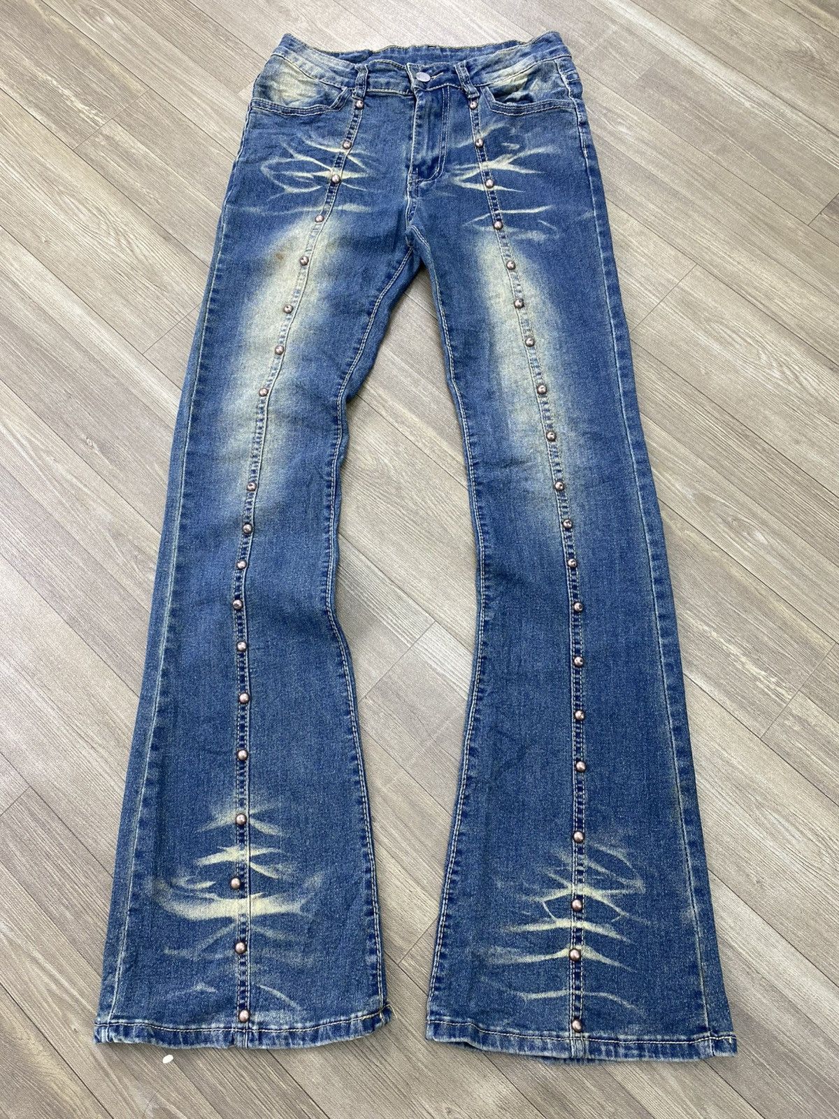 If Six Was Nine 2000s Japanese Studded Faded Lgb Y2K Punk Style Flared Jeans Size US 28 / EU 44 - 1 Thumbnail