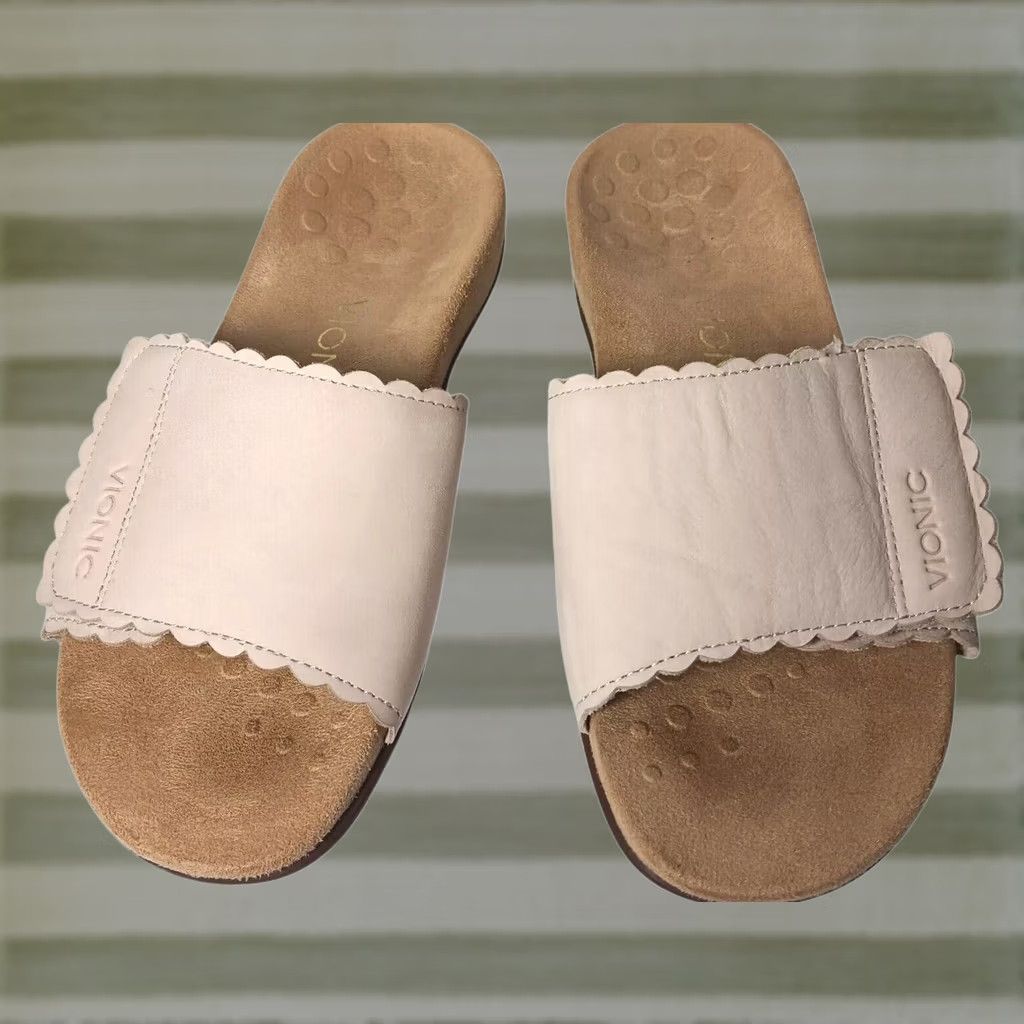 Vionic Vionic Florence Sandals Womens 6.5 Pink Scalloped Leather Adjustable Comfort Slip On Slide Travel Casual Womens Shoes Size US 7 / IT 37 - 1 Thumbnail