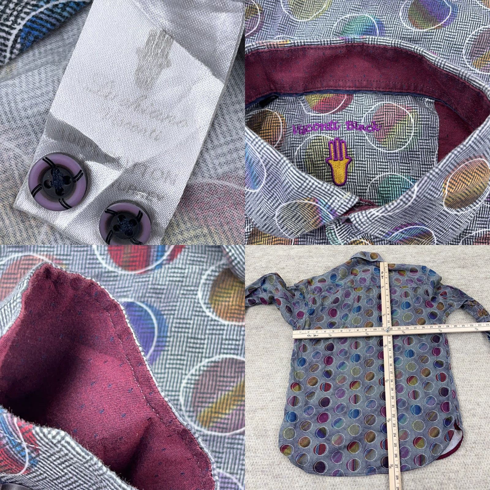 Vintage Visconti Black Shirt Men Medium Gray Purple Button Up Spotted Geometric Disco Size US M / EU 48-50 / 2 - 8 Thumbnail