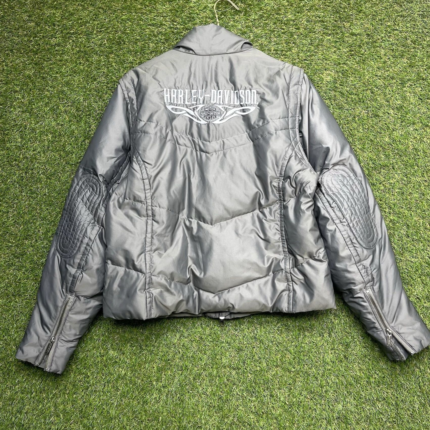 Harley Davidson VINTAGE Harley-Davidson Jacket Womens L Full Zip Puffer Riding HD Coat Gray Long Sleeve Outer Nylon Size L / US 10 / IT 46 - 2 Thumbnail