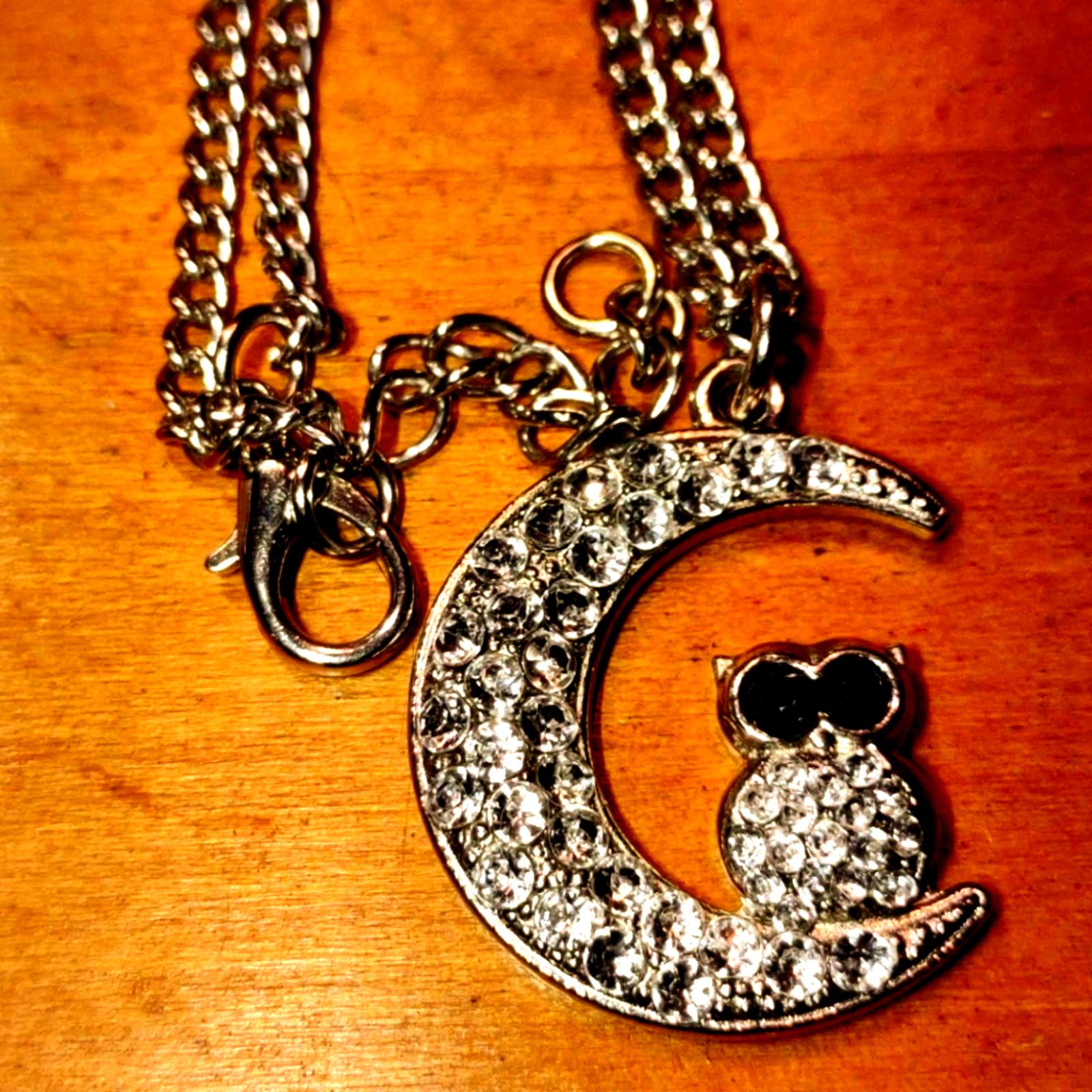 Vintage Vtg. OWL on the Moon Silver & Rhinestone Necklace Size ONE SIZE - 1 Thumbnail