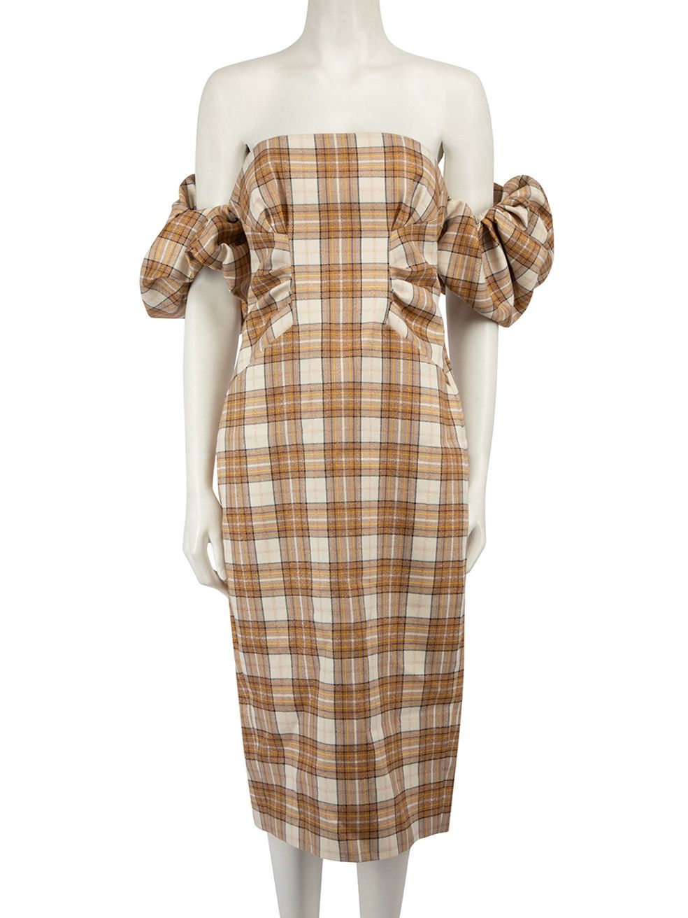 image of Acler Brown Off-Shoulder Tartan Fitted Midi Dress, Women's (Size Medium)