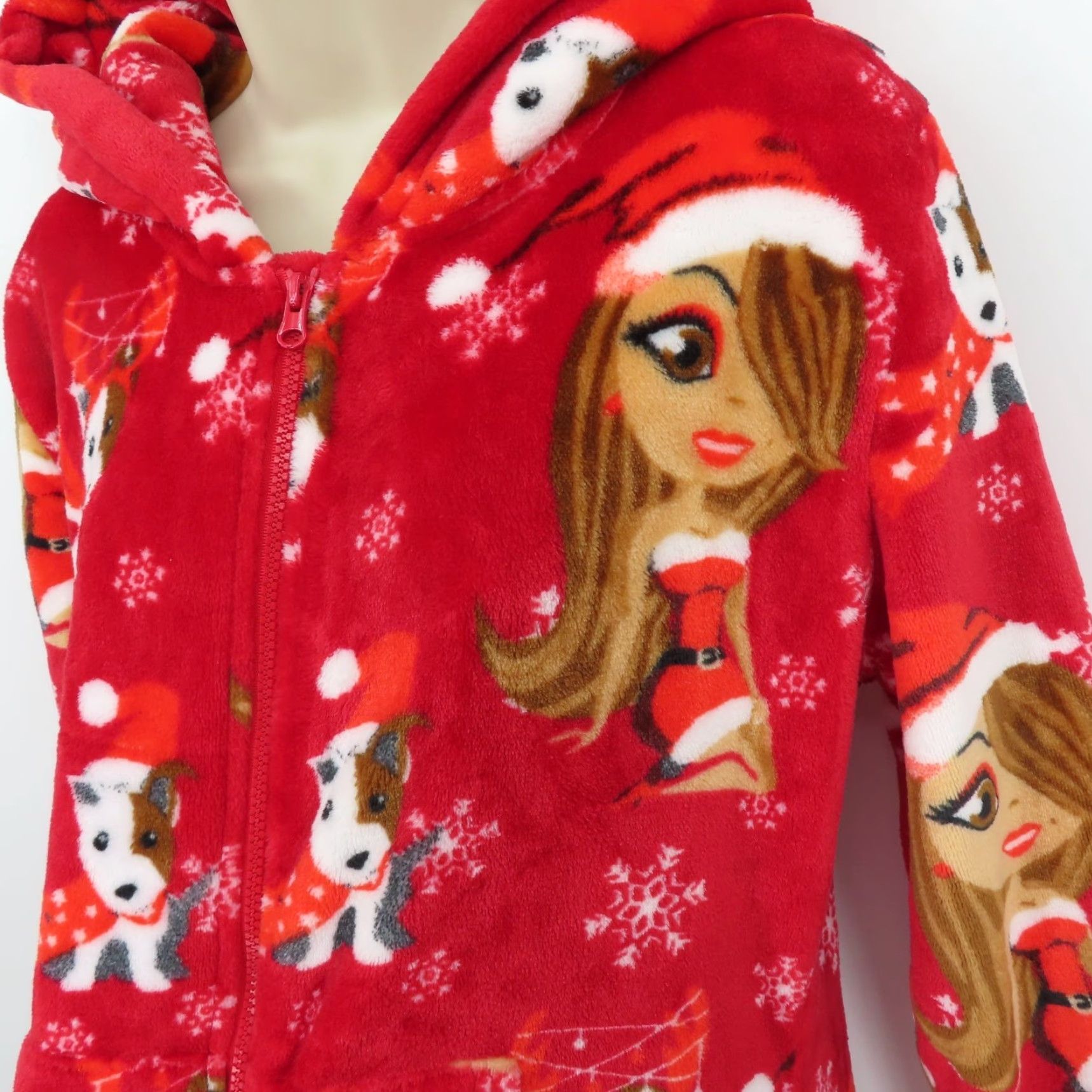 Vintage Mariah Carey Pajama Hooded One Piece Jumpsuit Christmas Holiday Adult Medium Red Polyester Fleece Zip Pocket Women Clothing Size 32" / US 10 / IT 46 - 5 Thumbnail
