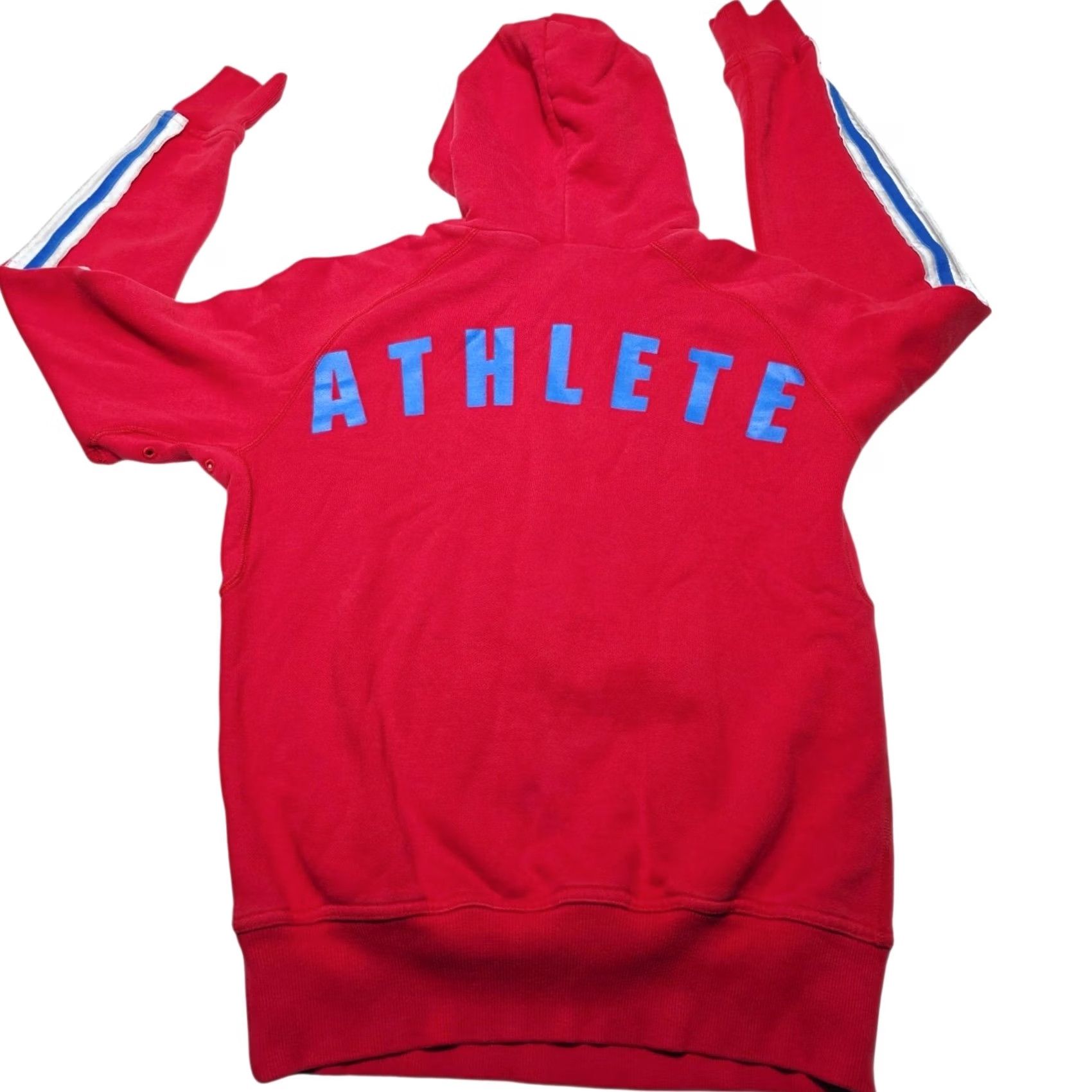 Nike VINTAGE Nike Hoodie Women’s Athlete Graphic Red White Blue Swoosh Small (4-6) Hoodie Womens Small Red Blue 90s Activewear Pullover Striped Nike Size S / US 4 / IT 40 - 2 Thumbnail