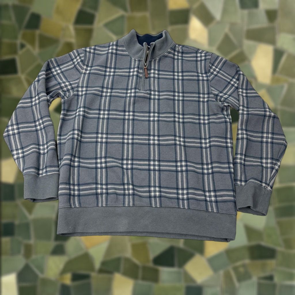 Lands' End Lands' End Sweater Mens Large Gray Plaid 1/4 Zip Mock Neck Cotton Pullover Size US L / EU 52-54 / 3 - 1 Thumbnail