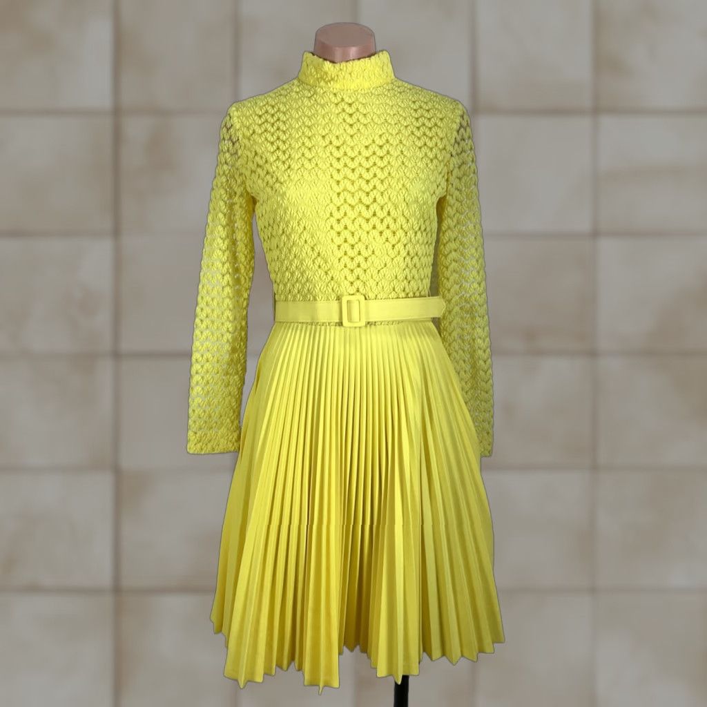 Vintage 60s 70s Crochet High Neck Dress Long Sleeve Pleated Boho