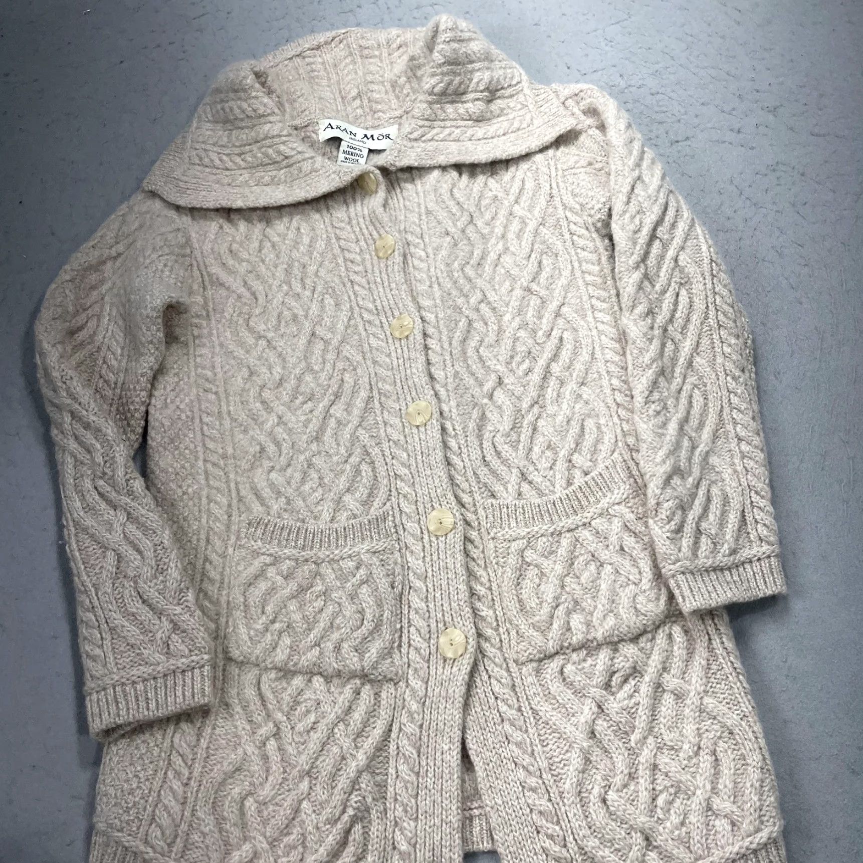 Vintage Aran Mor Sweater Cardigan Wool White Womens M Merino Cable Knit Front Pockets Ireland Winter Medium Size M / US 6-8 / IT 42-44 - 3 Thumbnail