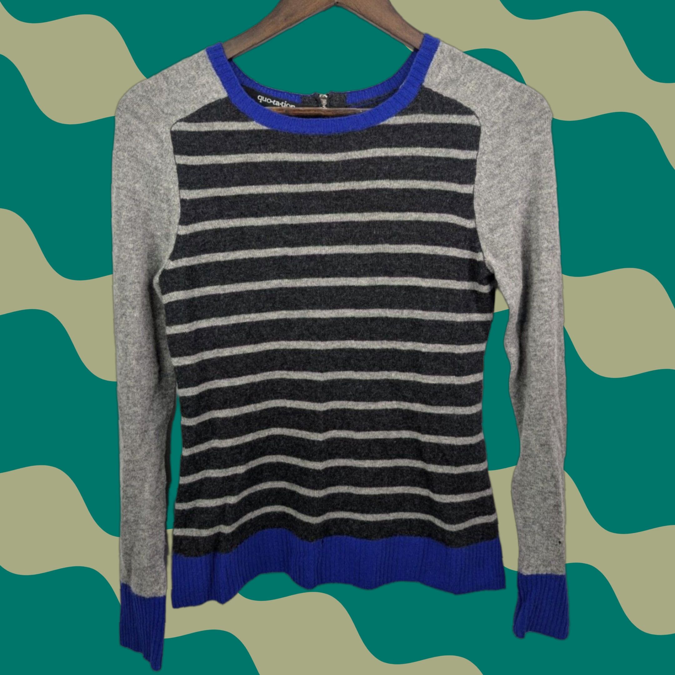 Vintage Quotation Sweater Striped Cashmere Gray Black Blue Womens XS (Holes) - Quilting? Size XS / US 0-2 / IT 36-38 - 1 Thumbnail