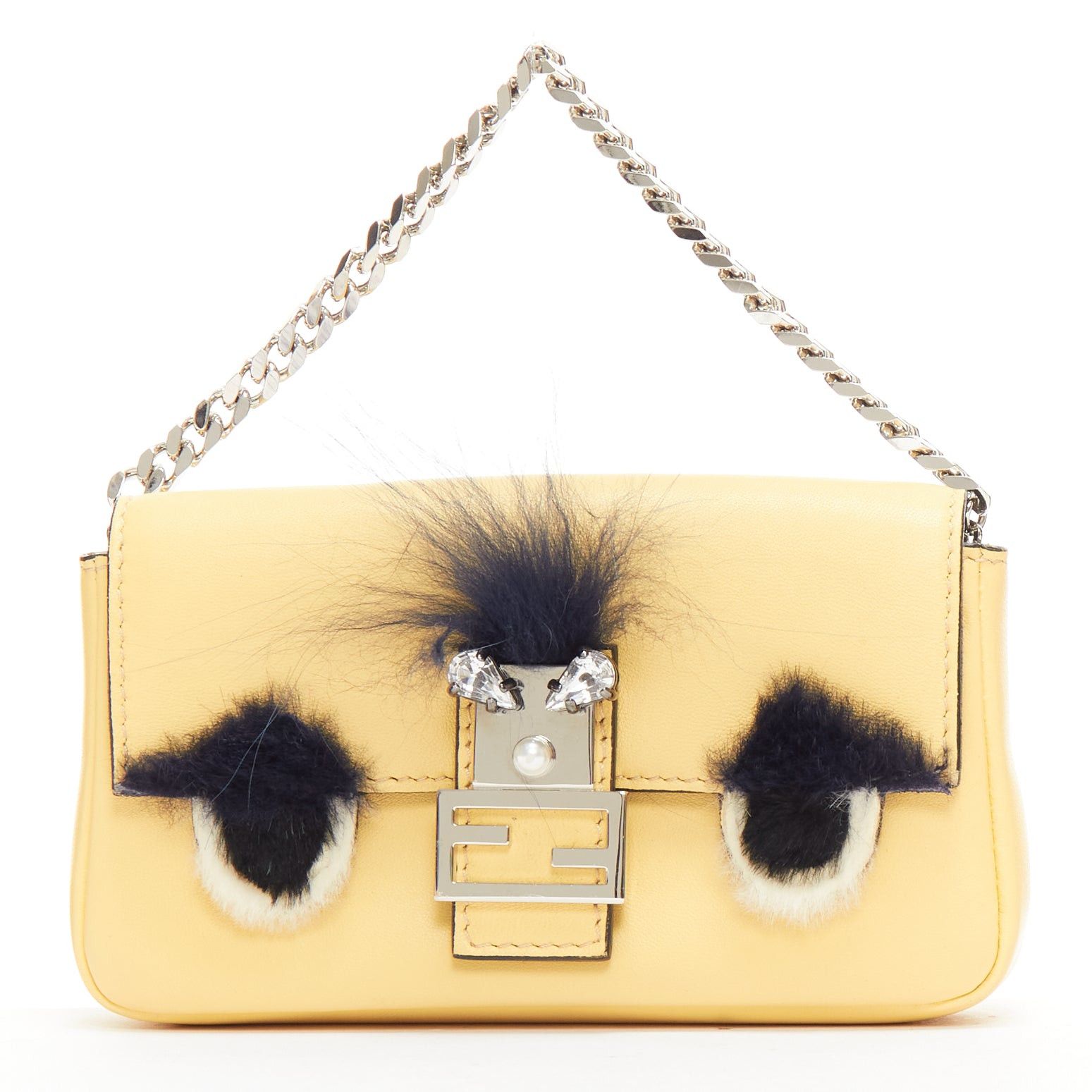 FENDI Micro Baguette butter yellow black fur eye leather top handle bag