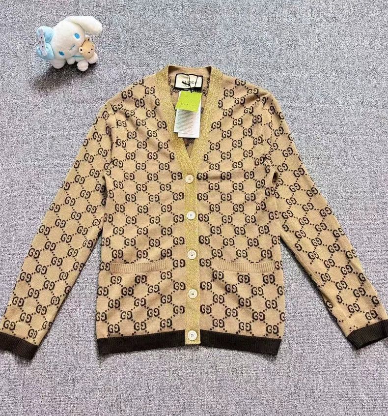 Gucci Brown gold silk old flower full logo knitted cardigan