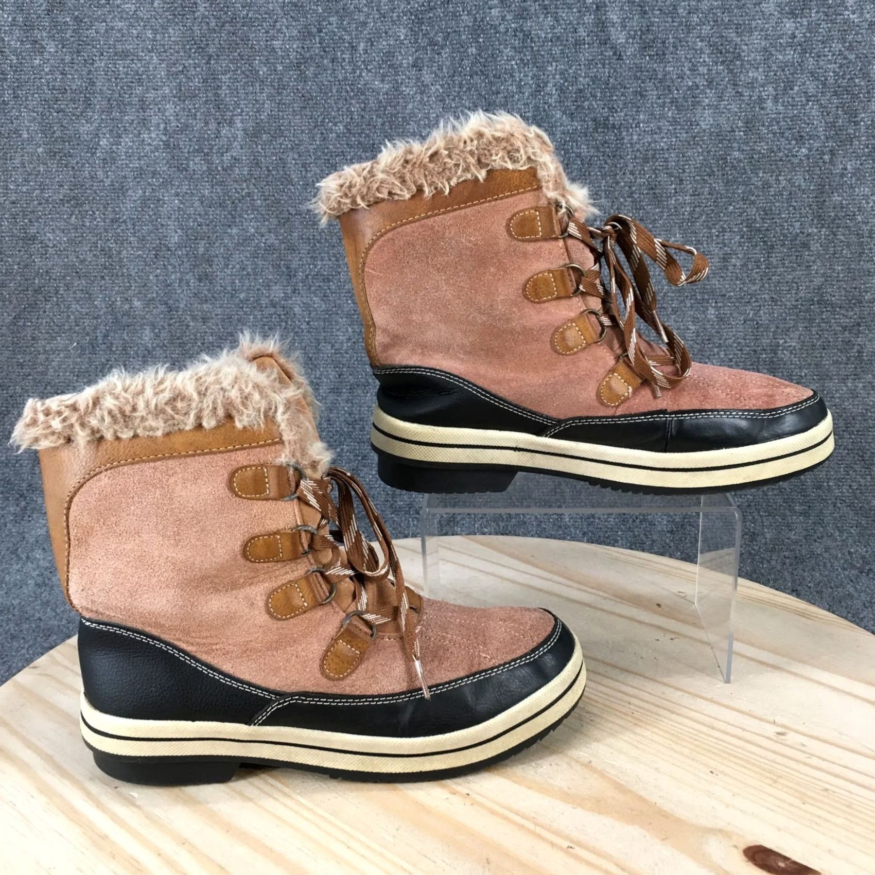 Vintage Universal Thread Boots Womens 9M Winter Snow Leather Lace Up Comfort Brown Blue Slip On? Size US 9 / IT 39 - 2 Thumbnail