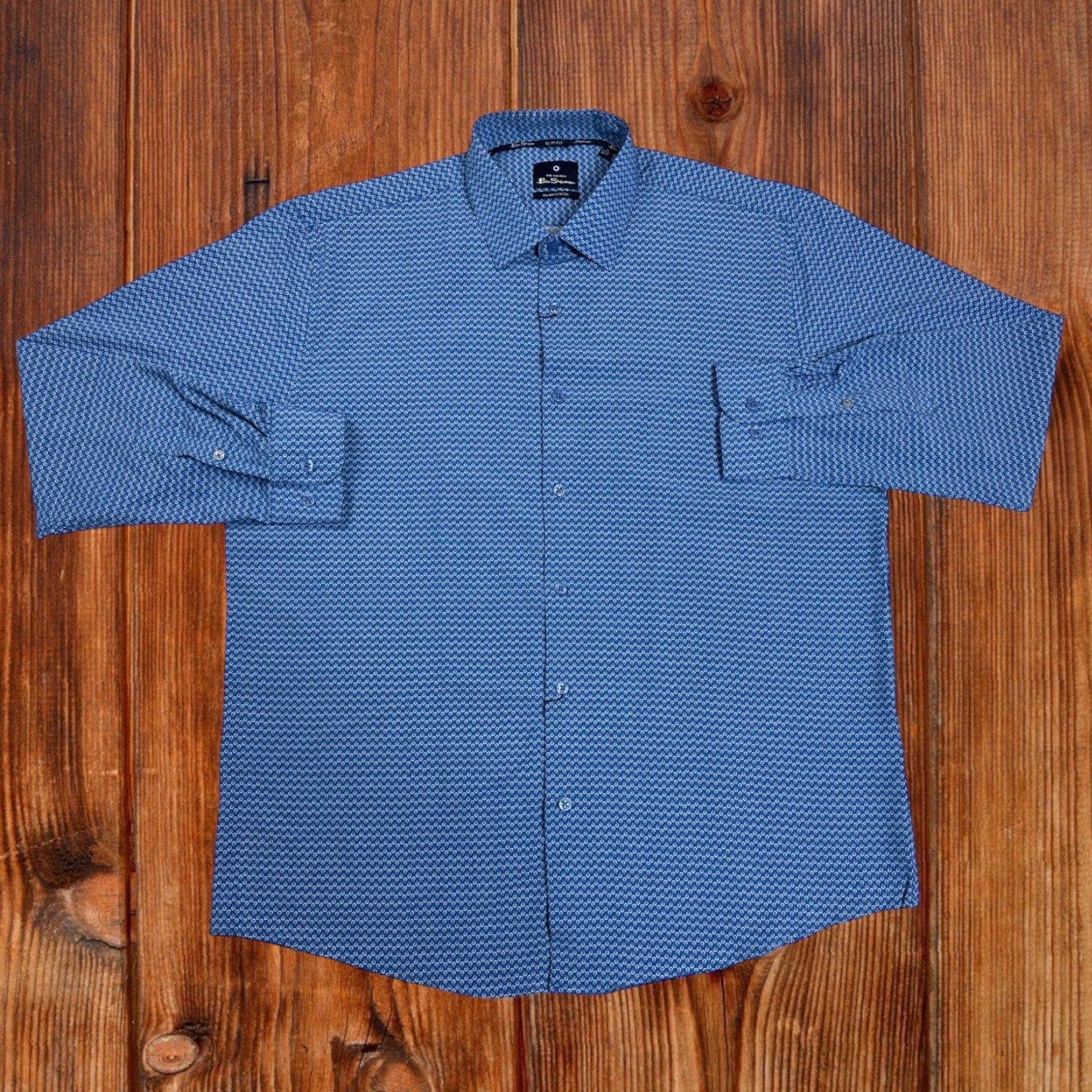 Ben Sherman Mens XL Slim Fit Stretch Geometric Swirls Blue Long Sleeve Button Up Shirt