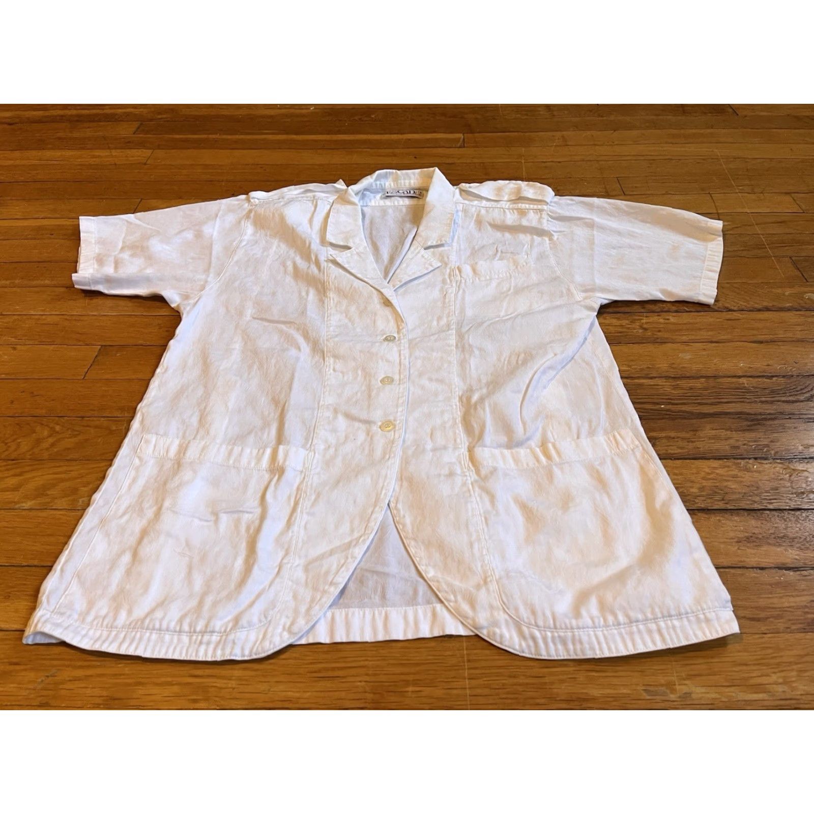 Escada VINTAGE ESCADA Blazer Shirt Women’s 42 White Floral Jacquard Short Sleeve Blazer, 90s, Designer, Flower, Retro Size 28" / US 6 / IT 42 - 2 Thumbnail